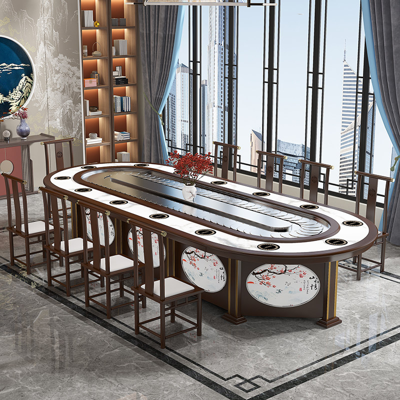 Rectangular Rotating Dining Table Hotel Electric Conveyor Belt Solid Wood Large Oval Table Hotel 20 People Small Hot Pot Rotation Table
