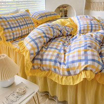 Nordic cotton quilt cover four-piece double lace bed skirt non-slip naked sleep cotton princess wind girl heart