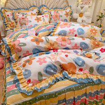 Korean version of pastoral bedding four-piece bed skirt cotton cotton princess wind sheet quilt cover naked sleep with non-slip