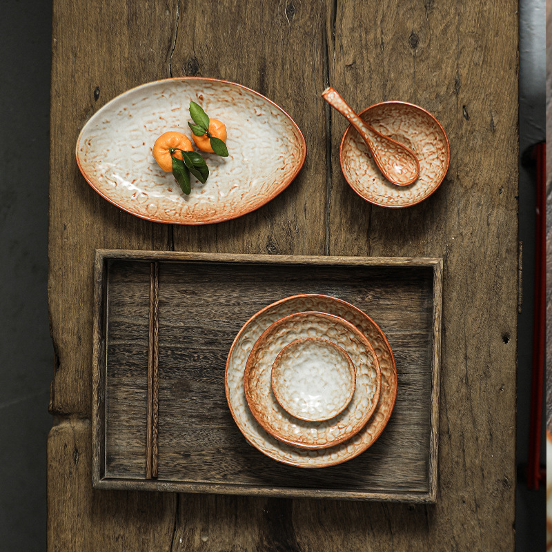Yilongxuan Tableware Handcrafted Japanese-Style Ceramic Dishes for Home Use, Rustic Vintage Fish Plates, Dishes, and Rice Bowls
