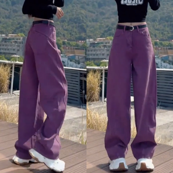 
Jing Qianni purple high-end straight jeans for women in spring 2025 new high-waist slimming loose wide-leg pants