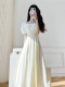 French square collar white dress for women summer 2024 new pleated high-end temperament waist slimming long skirt