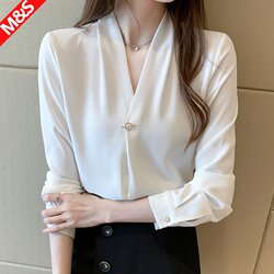French-Style V-Neck Top, Professional Formal Wear, Wrinkle-Resistant Commuter Shirt, Spring and Autumn Design, Long-Sleeved White Chiffon Shirt for Women