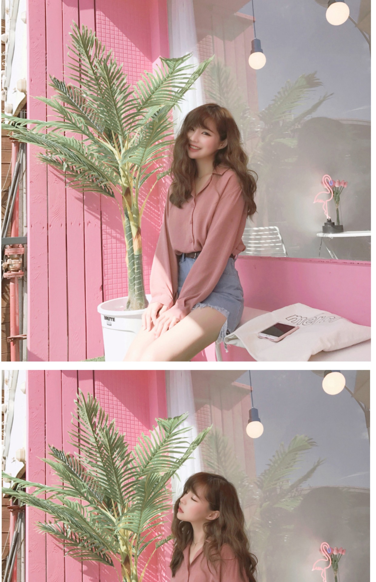 Mùa xuân 2019 lửng lười gió màu hồng rắn phù hợp với cổ áo v cổ dài tay áo sang trọng rò rỉ xương đòn áo voan nữ áo sơ mi kaki nữ tay dài