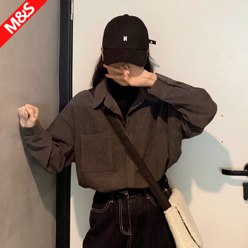 コーデュロイシャツレディース厚手レイヤード春ルーズアウターフェイクツーピーストップ香港スタイルレトロコーヒーカラーシャツ