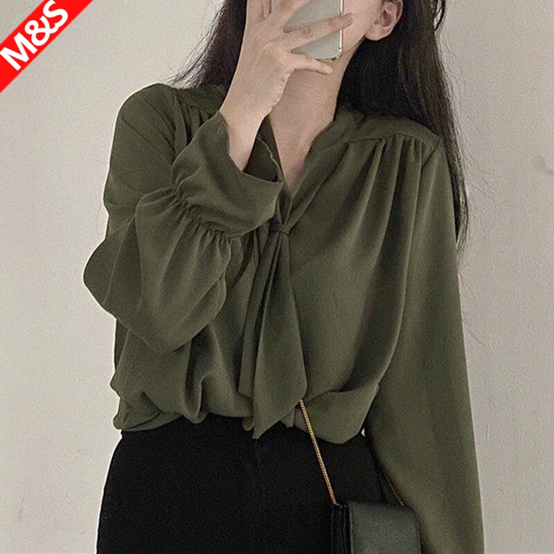 Chiffon Shirt for Women with Ribbon 2026 New Avocado Green Elegant Commuter V-Neck Long-Sleeve Design Top