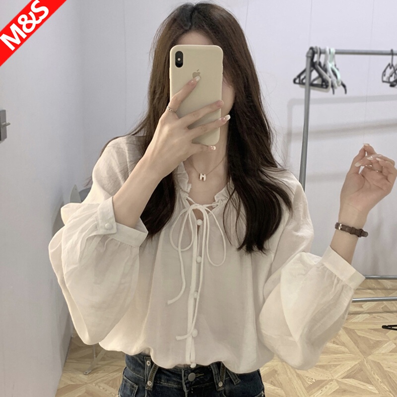 White Lace-Up Long-Sleeved Shirt for Women, Spring Thin Style, French Lantern Sleeve Babydoll Shirt, Unique Design, Niche Top, White Shirt White Lace-Up Long-Sleeved Shirt for Women, Spring Thin Style, French Lantern Sleeve Babydoll Shirt, Unique Design, Niche Top, White Shirt