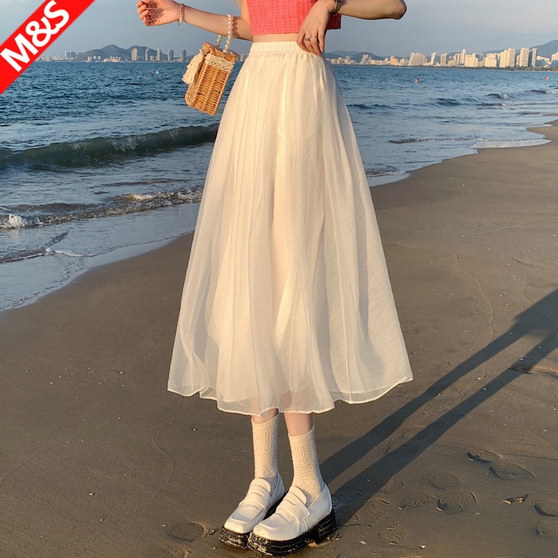 ホワイトガーゼスカート、ベージュ優しい風、ミモレ丈フェアリースカート、夏新作メッシュスカート、女性用小さめスカート、Aライン