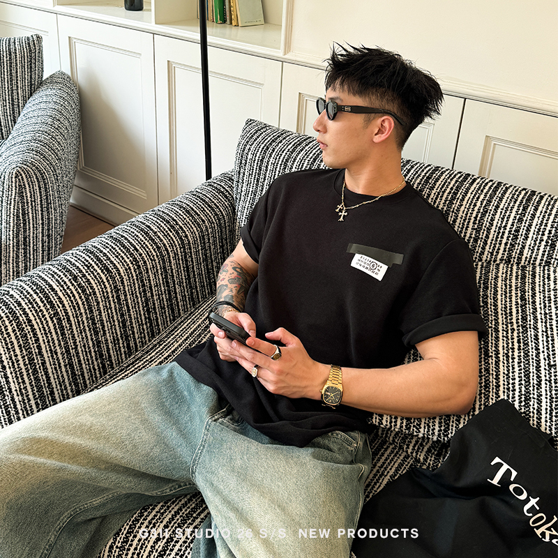 G311 Studio's "Creative Patch Design" High-End American-Style Black Men's Short-Sleeved Niche Relaxed T-Shirt