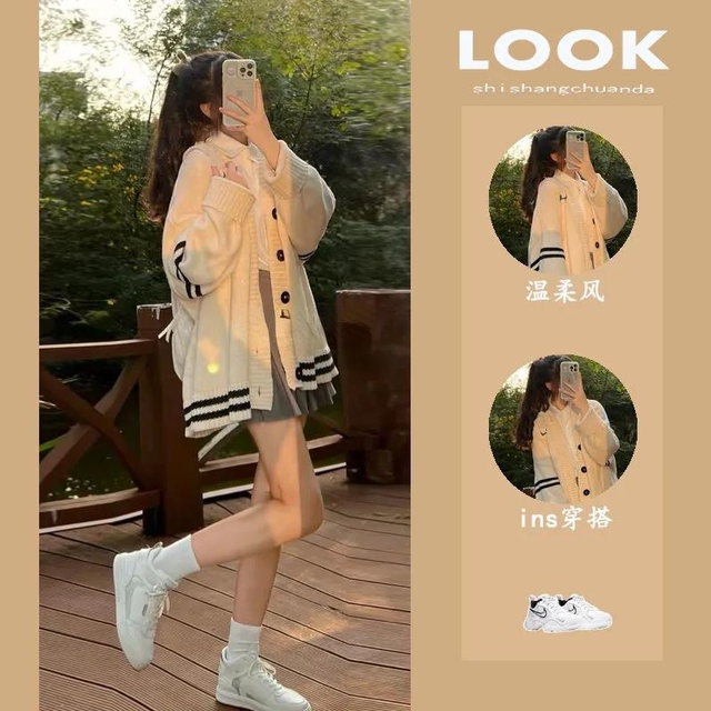 Spring and autumn new V-neck cardigan sweater female loose all-match student gentle knitwear college wind thin coat