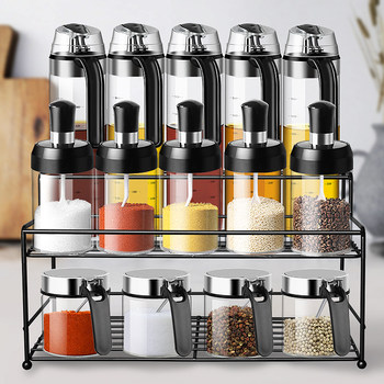 Glass Seasoning Box, Seasoning Bottle, Jar, Soy Sauce, Vinegar, Olive Oil Pot, Household Set with Storage Rack, Chicken Essence, Salt, Kitchen