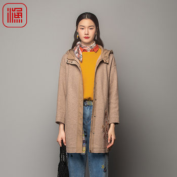 渔牌女装大衣女款新款加厚羊毛针织带帽长款毛呢外套FGFD3058