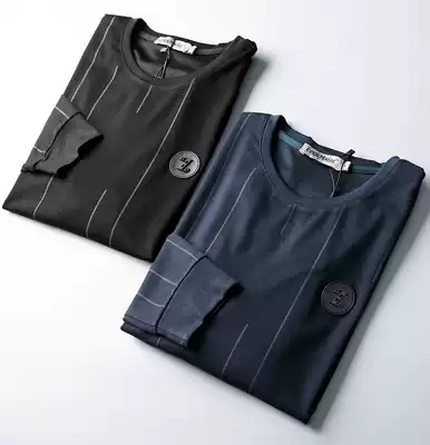 18 spring new vertical stripe stretch fabric men's round neck pullover long-sleeved T-shirt trend youth T-shirt men