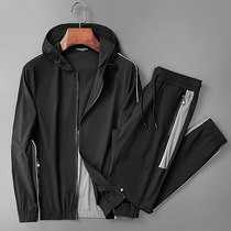 20 spring new sports suit mens fashion splicing connected hat speed dry thin stretch comfortable and casual two sets