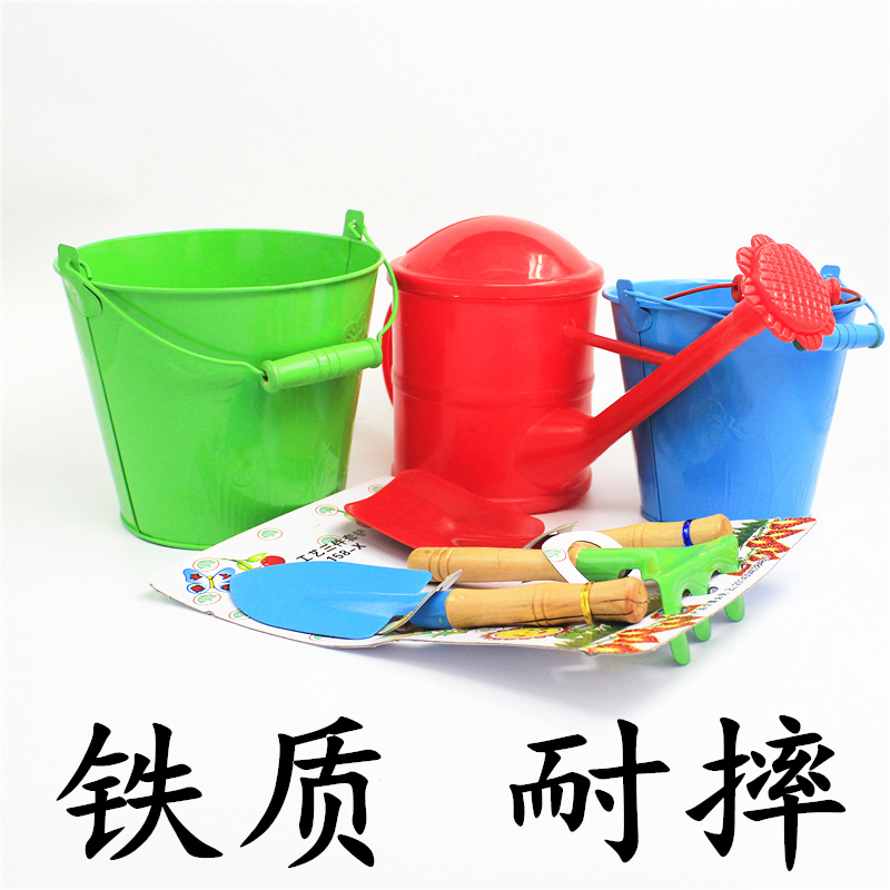 Children's beach toy suit baby playing with sand and sand tools gardening iron shovel iron barrel small barrel thickened large number