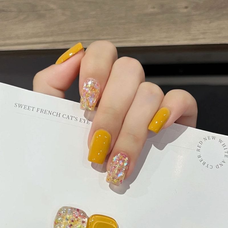 [Orange Soda] Full of Vitality, Brightening and Sparkling Glitter, Color-Changing Orange-Yellow Nail Stickers, Handmade Wearable Nails