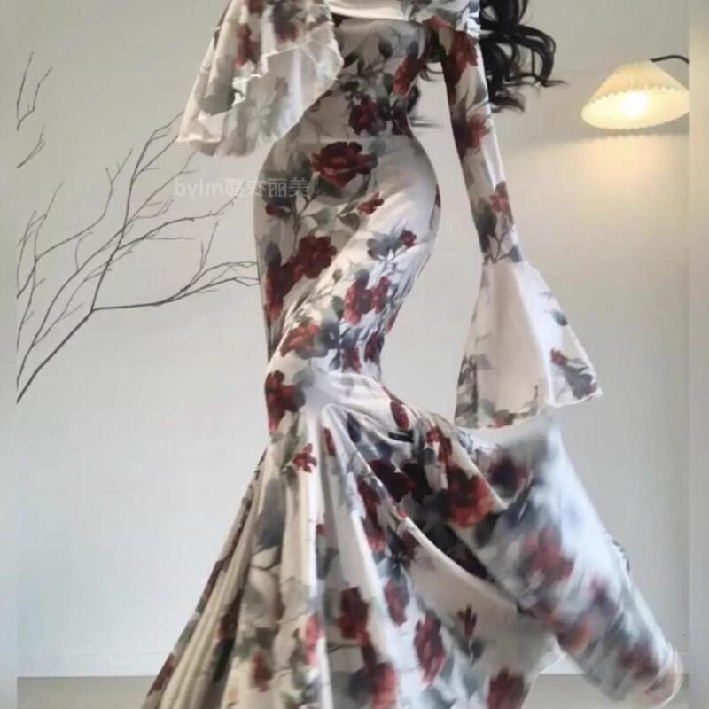 300 Large Size Rose Print Bell Sleeve Dress for Women, Autumn Pure and Sexy Off-Shoulder Slim Fishtail Long Dress 300 Large Size Rose Print Bell Sleeve Dress for Women, Autumn Pure and Sexy Off-Shoulder Slim Fishtail Long Dress