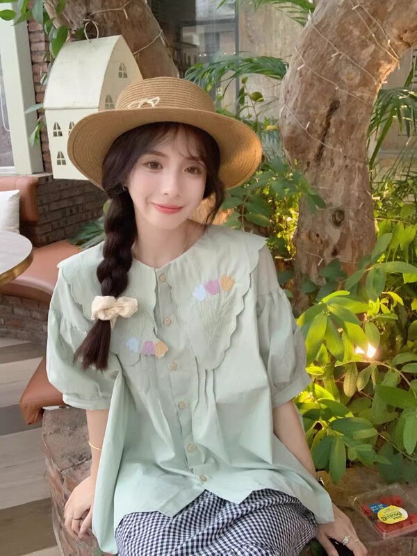 Plus-Size Korean-Style Simple Doll Collar Sweet Short-Sleeve Shirt for Petite Women, Age-Reducing, Forest-Style, Fresh, Large-Size Top