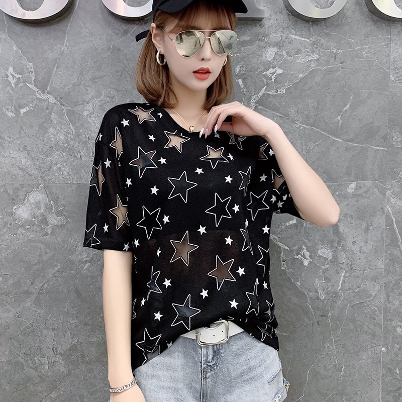 Plus-Size Women's Summer 2025 New Style 150kg Hollow Mesh T-Shirt 120kg Loose See-Through Top