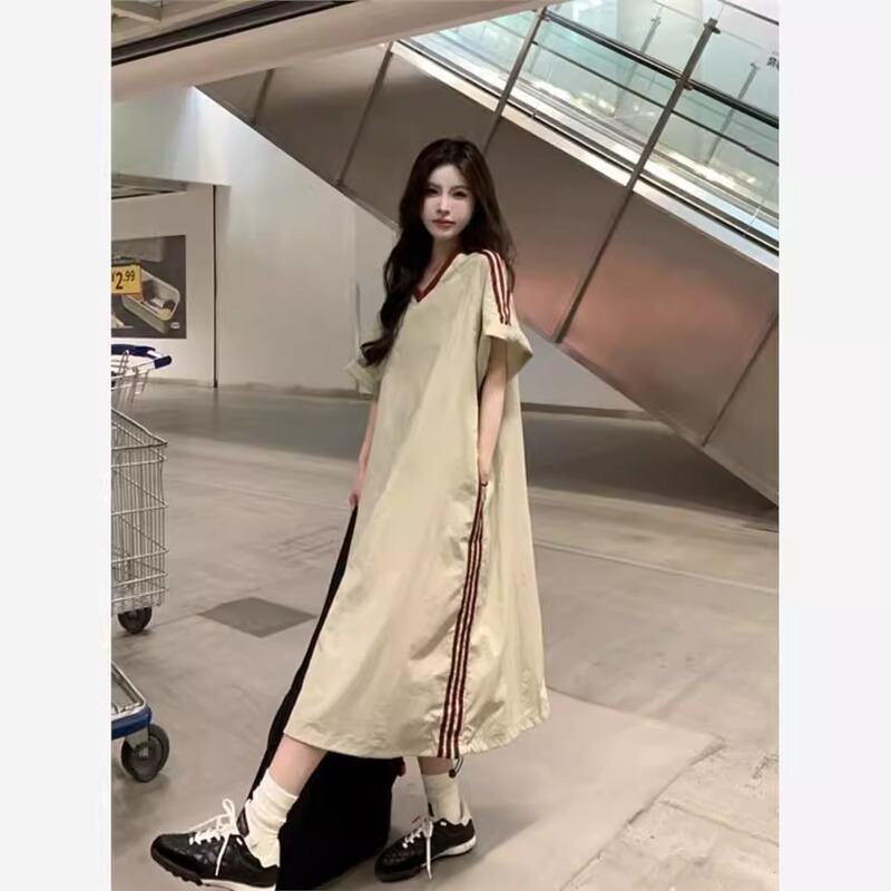 150kg Plus Size Elegant Slimming Lazy Style Versatile Long Dress for Women Summer Loose Casual Color-Blocking Dress 220