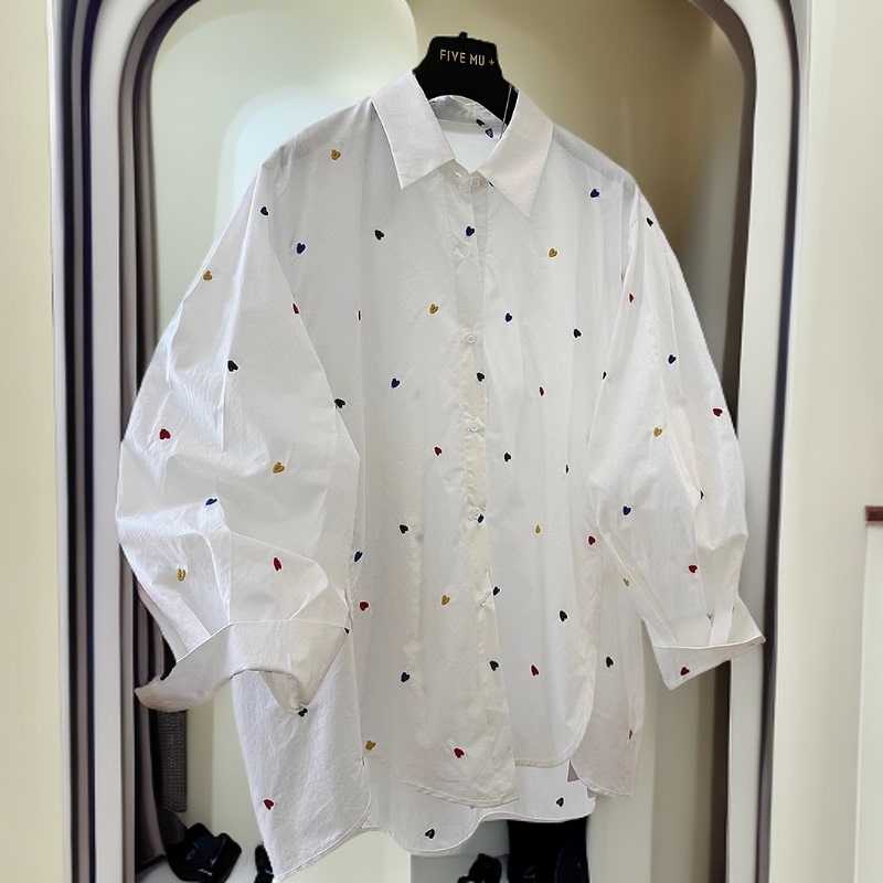 Korean-Style Fresh Embroidered Heart Loose White Shirt for Women 2025 New Sun-Protective Long-Sleeve 150kg Plus-Size Top 2