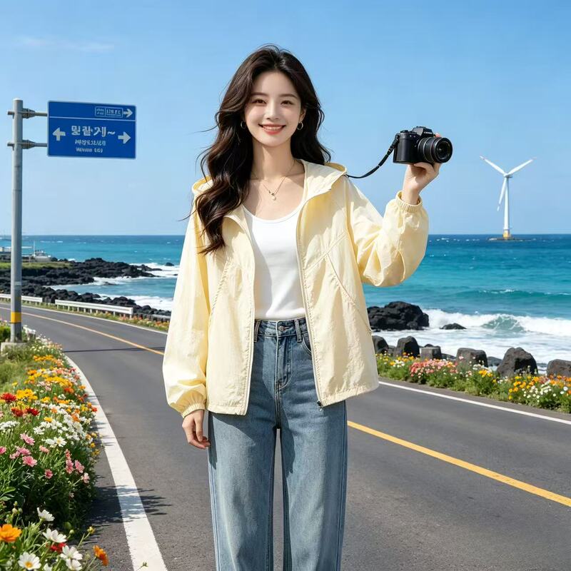 Summer New Style Lightweight Breathable Short Sun Protection Clothing for Women, Loose, Fashionable and Versatile, Anti-Uv Hooded Long-Sleeved Jacket