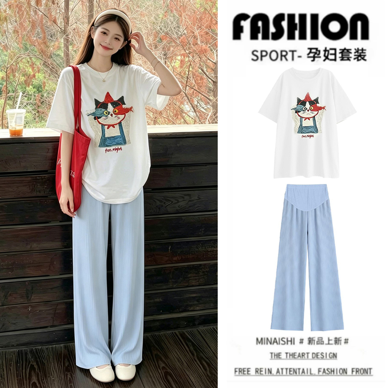 Maternity Short-Sleeve T-Shirt Top, Versatile Pure Cotton Thin Loose Mid-Length Trendy Mom Pregnancy Outfit Set, Summer Wear for Women Maternity Short-Sleeve T-Shirt Top, Versatile Pure Cotton Thin Loose Mid-Length Trendy Mom Pregnancy Outfit Set, Summer Wear for Women