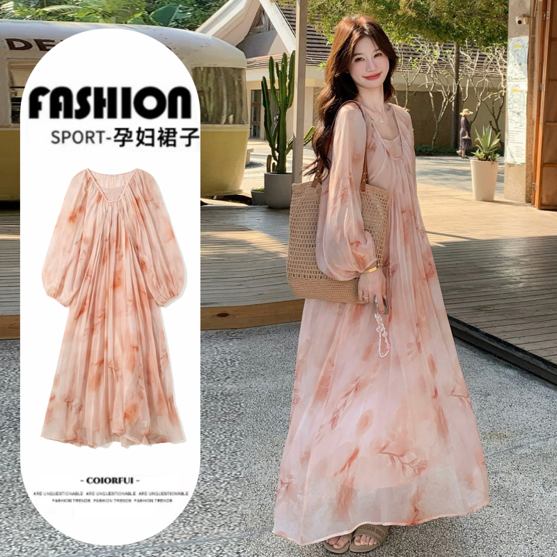Maternity Dress for Summer, French Style for Pregnant Mothers, Vacation Style, Pink Gradient Chiffon Dress, Summer Dress 2026 New Style Maternity Dress for Summer, French Style for Pregnant Mothers, Vacation Style, Pink Gradient Chiffon Dress, Summer Dress 2026 New Style