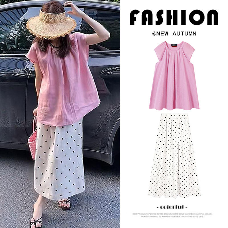 Maternity Wear Summer Suit 2026 New Cotton and Linen Top Summer Polka Dot Skirt Two-Piece Set High-End Outfit for Pregnant Mothers