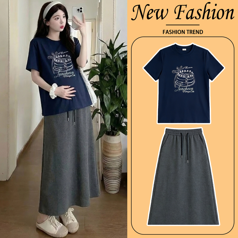 Maternity Wear Summer Top Short-Sleeved T-Shirt Pure Cotton Casual Skirt Two-Piece Set Pregnant Mother French Style Outfit Stylish Women
