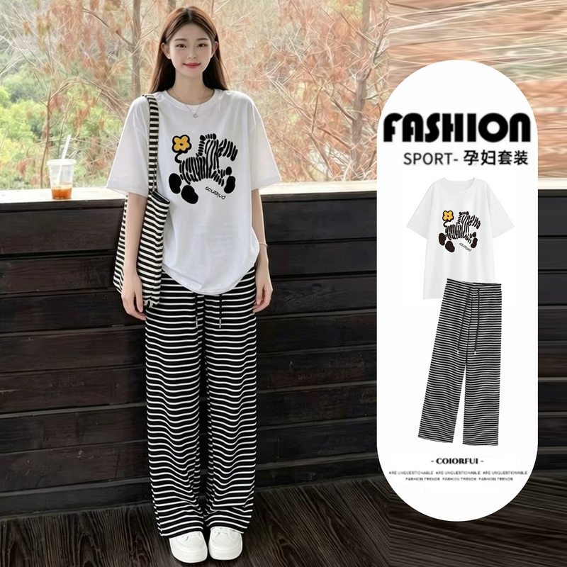 Maternity Wear Summer Top Short-Sleeved T-Shirt Pure Cotton Thin Style Trendy Mom Pregnancy Outfit Set Two-Piece Set Large Size to Cover the Pregnancy Belly
