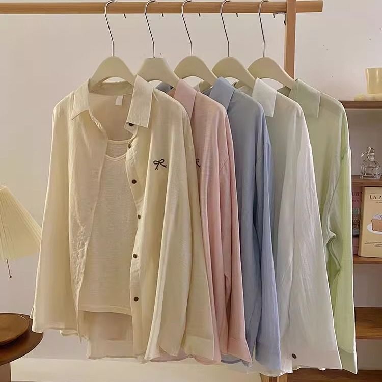 Bow-Knot Embroidered Lightweight Long-Sleeved Sun Protection Air-Conditioning Shirt Outer Suit for Women, Summer Inner Wear, Comfortable Chiffon Shirt Top