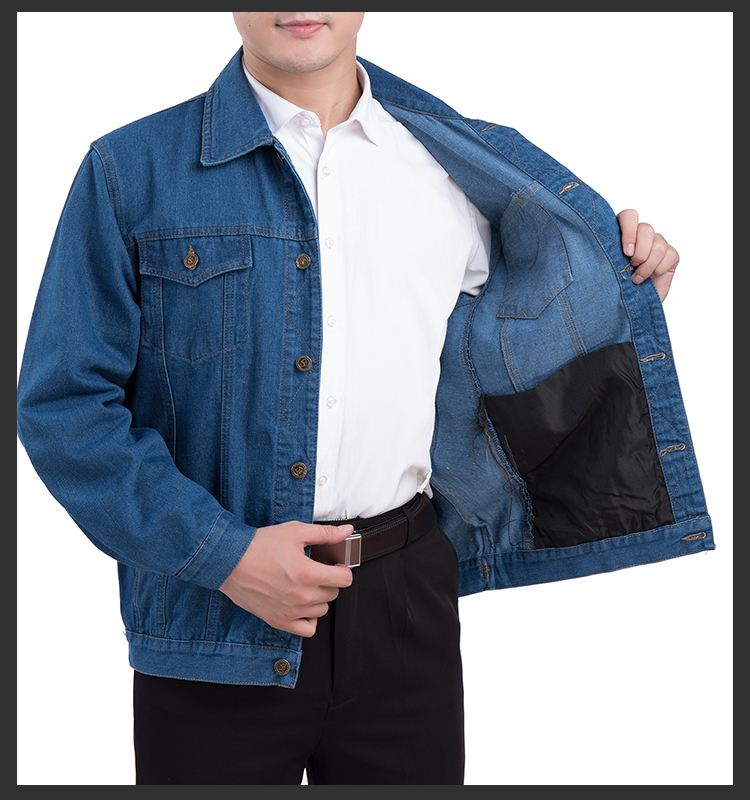 Người đàn ông trung niên denim thợ hàn cotton áo khoác áo khoác ve áo bảo hiểm lao động mặc áo khoác denim chống áo khoác denim
