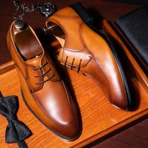  British mens formal leather shoes pointed brown handmade wedding groom shoes European summer business casual mens shoes