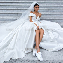 2021 new one-shoulder silk satin wedding dress covering thick arm Korean style big tailing luxury thin retro Court