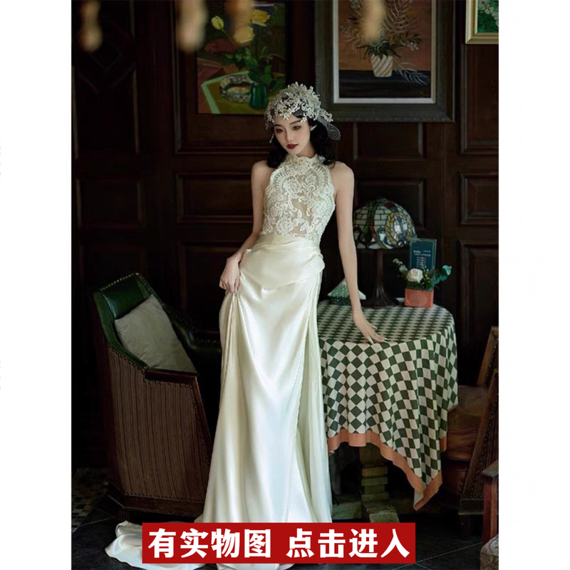 Handmade Light Wedding Dress in the Same Style as Yu Ai, with Flowing Rose Details, Suitable for Welcoming Guests, Photo Shoots, and a Vintage Satin Forest-Style Look