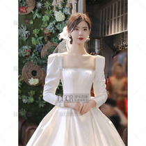 2021 new autumn and winter satin wedding dress simple Hepburn one word collar dream Super fairy temperament Forest Bride thin