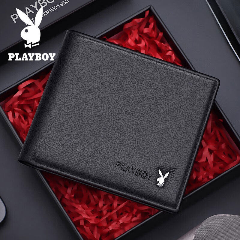 プレイボーイのメンズショート本革財布。シンプルなデザイン、牛革クリップ付き、薄型財布。彼氏へのプレゼントに最適です。