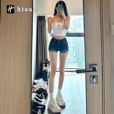 Deep blue denim shorts for women, 2026 summer new style, slimming and form-fitting American hot girl, low-waisted, rolled-up A-line hot pants