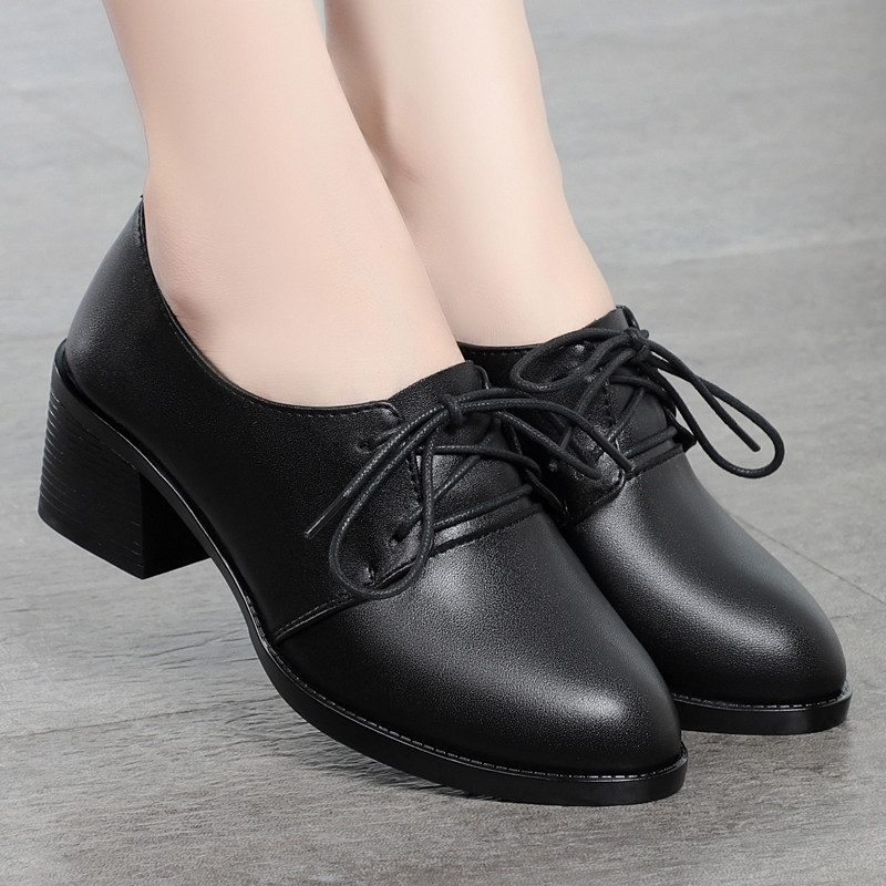 Yierkang women's shoes spring and autumn new leather middle-heeled deep-mouth mother single shoes work shoes lace-up middle-aged women's leather shoes
