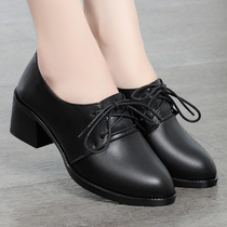 Yierkang womens shoes spring and autumn new leather mid-heel deep mouth mothers single shoes work shoes lace-up middle-aged ladies leather shoes