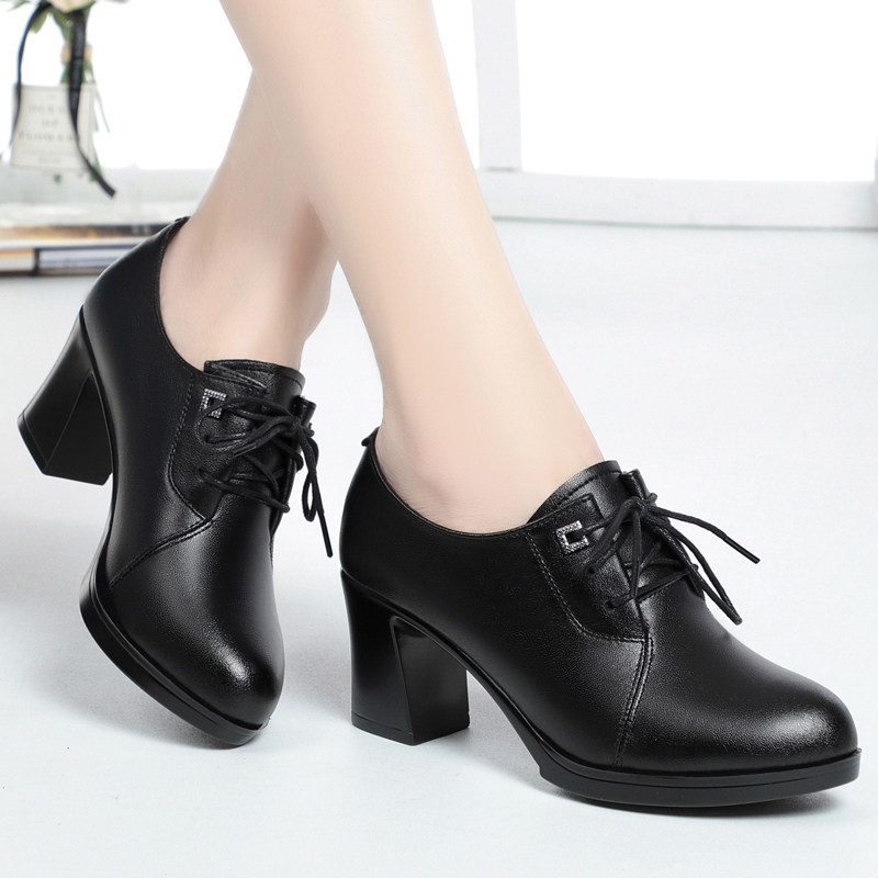 Yierkang women's shoes spring and autumn new leather high-heeled mother shoes deep mouth single shoes non-slip lace middle-aged women's leather shoes