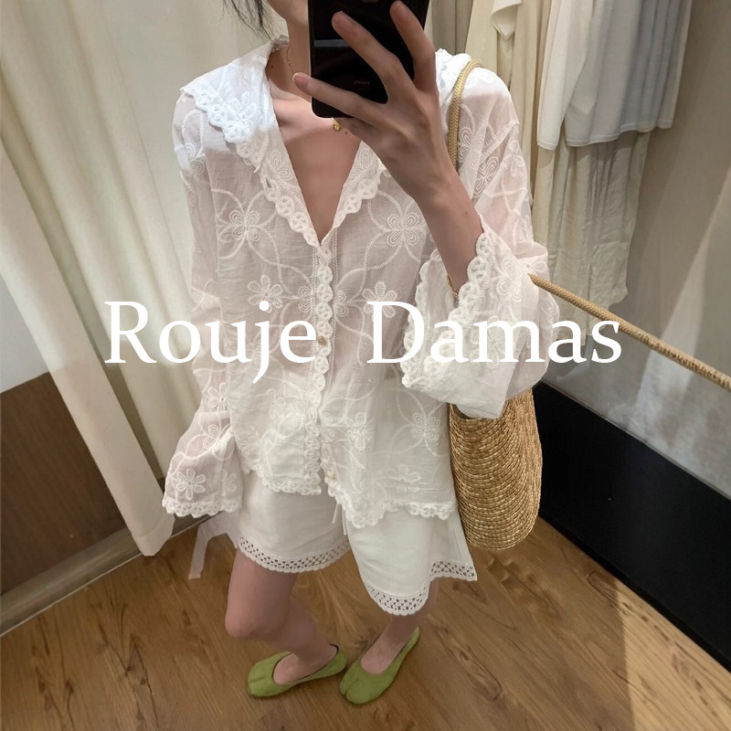 Rouje Damas Summer Thin Heavy Lace Crochet Embroidery Hooded Shirt for Women Breathable Air Conditioning Top