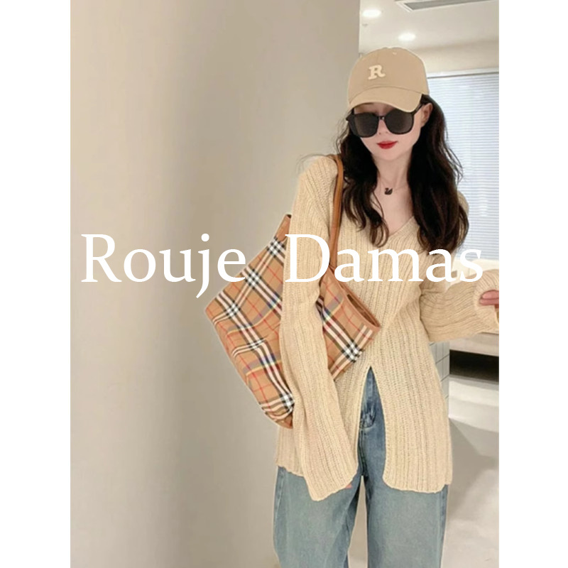 Rouje Damas French-Style Niche Design V-Neck Sweater Knitwear for Women, Thin and Slim-Fitting, Stunning Top