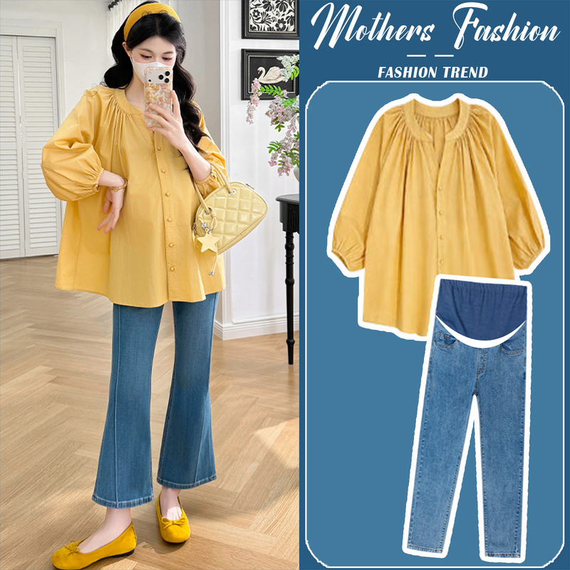 Maternity Suit Spring and Autumn 2026 New Korean Style Stylish Yellow Open-Button Loose Shirt and Jeans Two-Piece Set for Pregnant Women