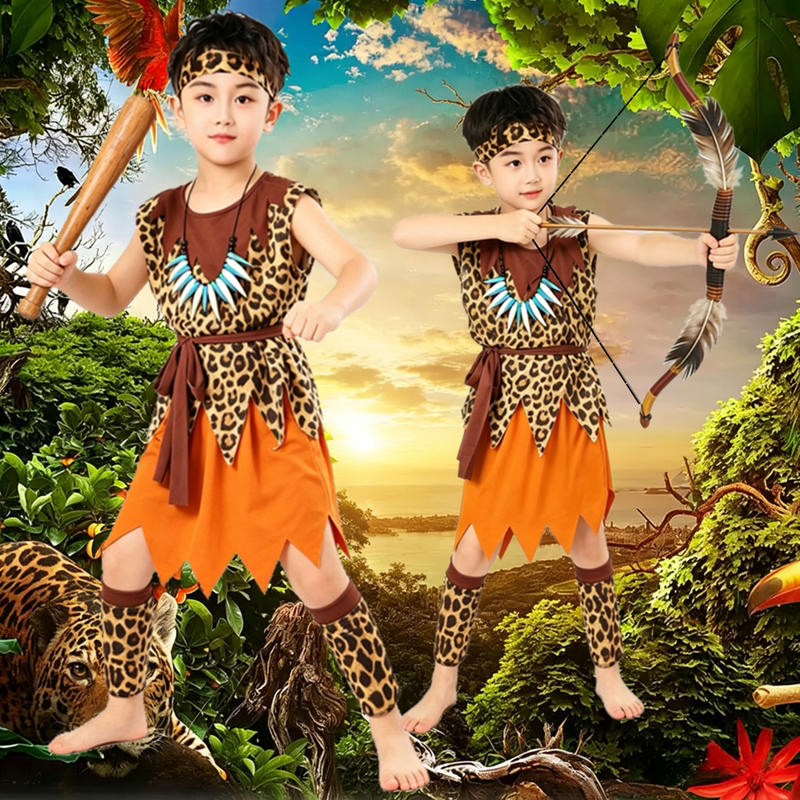 Children's Savage Indian Chief Costume Kindergarten Indigenous Hunter Leopard Print Performance African Drum Performance Costume