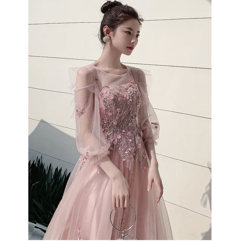 Long fuchsia evening dress, maxi length, long sleeve