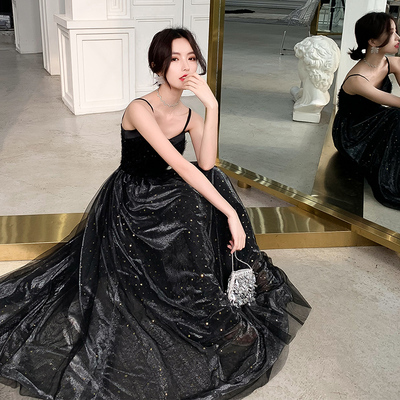 Long black evening dress, starry sky, lifting effect Long black evening dress, starry sky, lifting effect