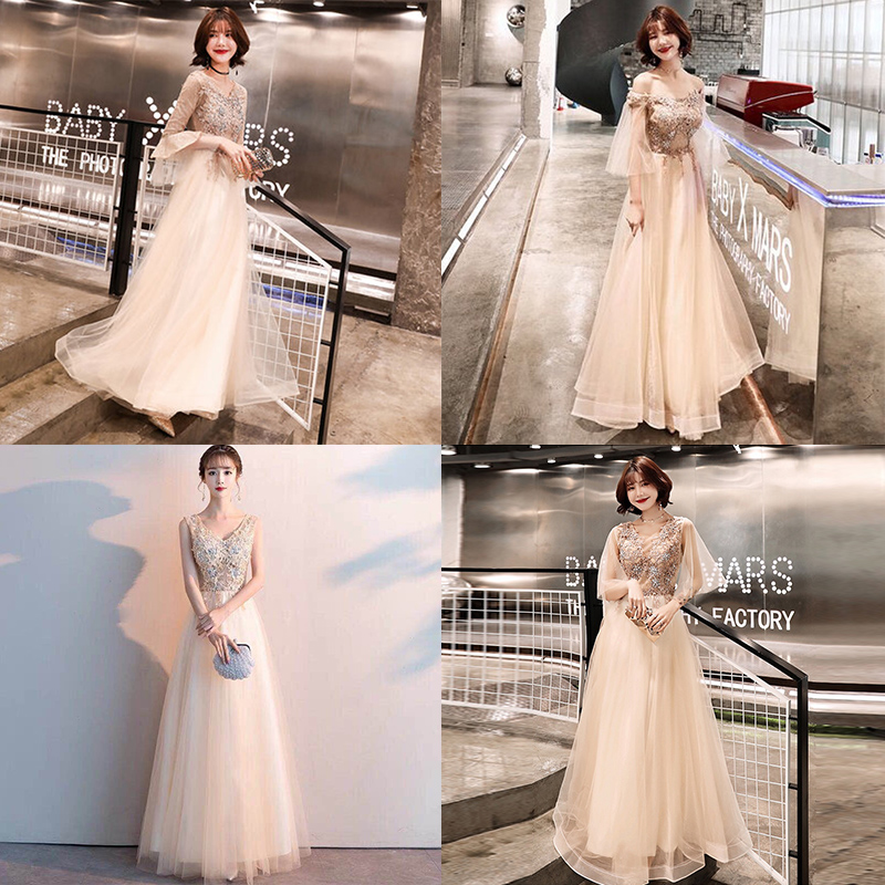 Rental champagne-colored bridesmaid dress new slim fairy temperament Korean version long version of the goddess party Western-style sisters group dress