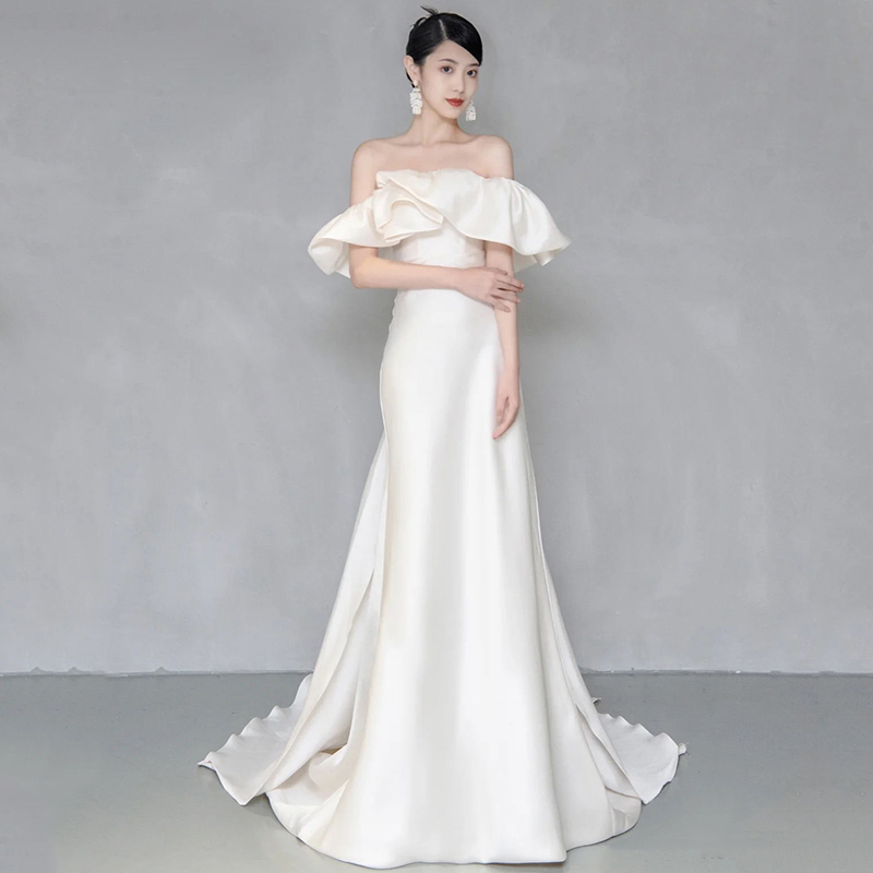 Wedding dress for bride, open shoulders, bright catchy style, fitted, lace dress